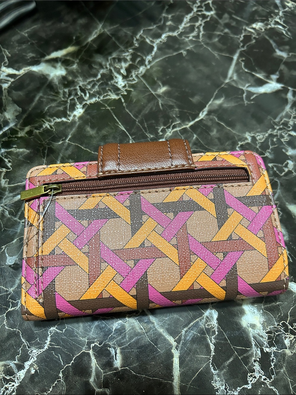 Fossil Brown Wallet with Pink & Orange Geometric Pattern - Picture 2 of 6